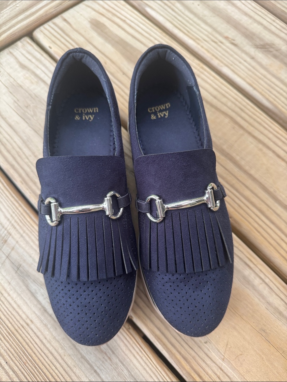 NWT! Crown & Ivy Bosco Navy Suede Fringe Loafers with Silver Buckle size 6